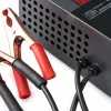 Black digital battery tester with red LED display, indicator light, power switch, copper clamp cable Specification image